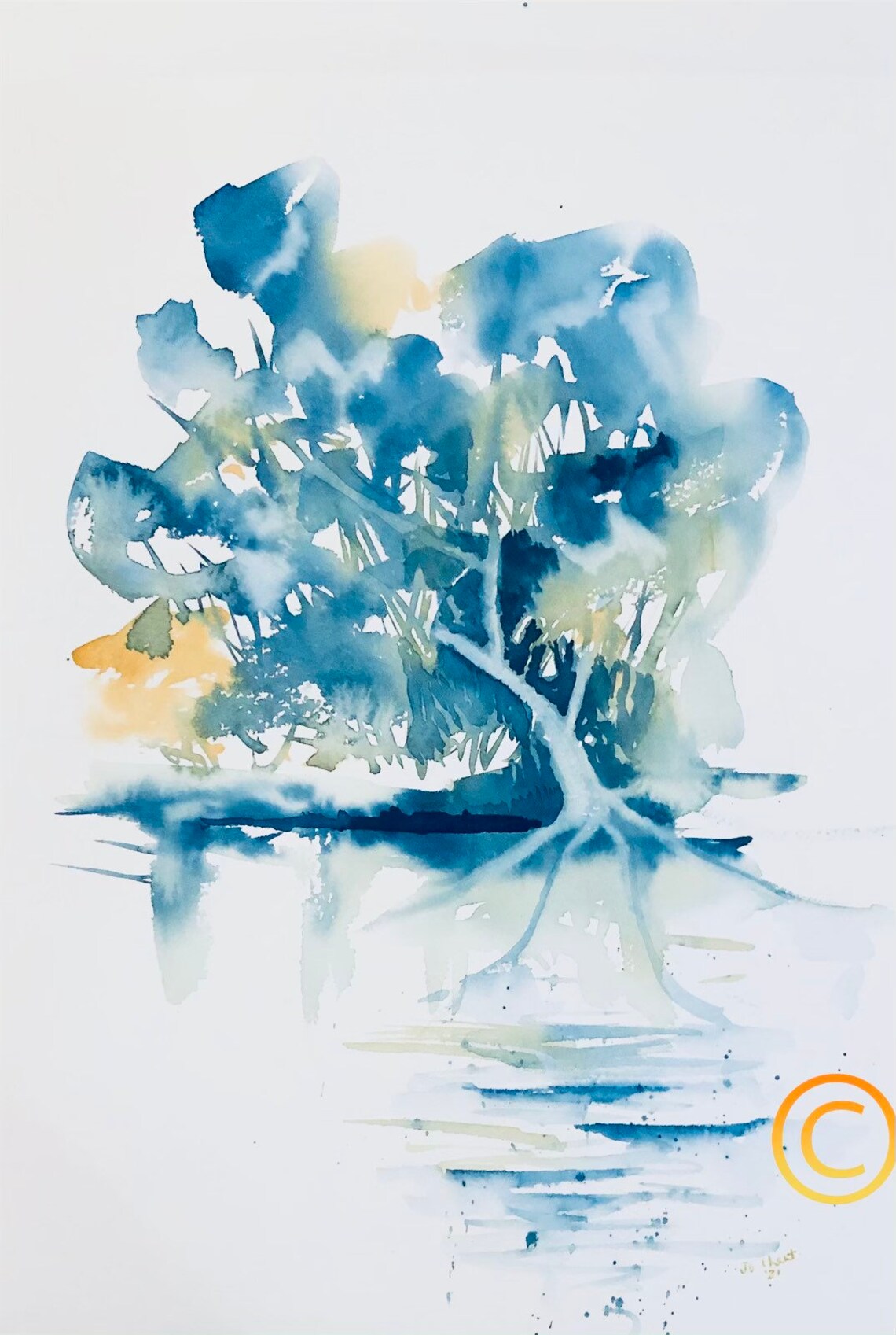 Abstract Original Art Blue Gold Tree/ Abstract Watercolour Etsy