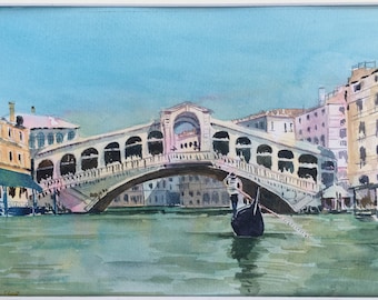 ヴェネツィア - リアルト橋、歴史的建造物、紙に墨で描いた原画 - Etsy