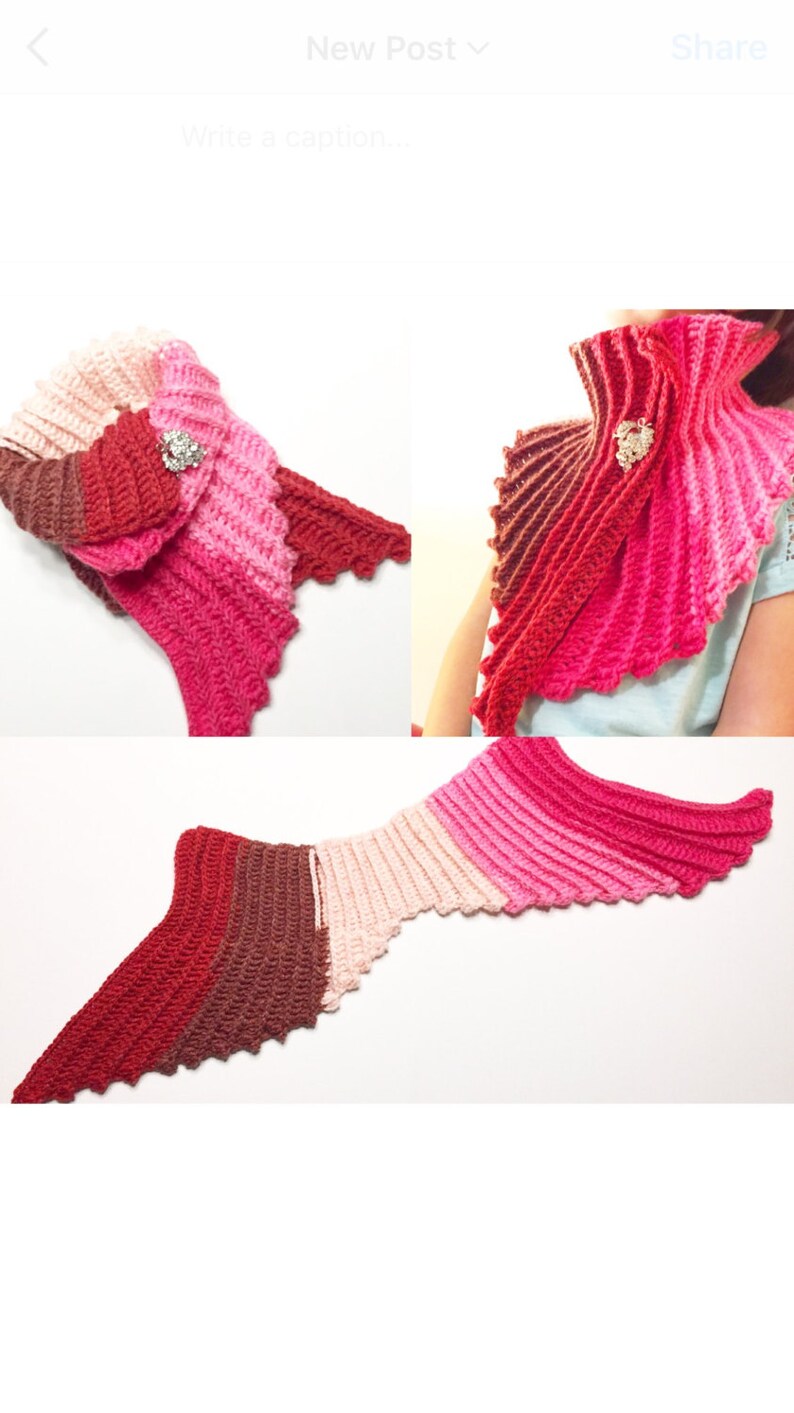 Sweet Heart Mermaid Tail Scarf Pattern. A 2-ways scarf Sweet Heart / Bow Style. Easy, quick tail to attach on any mermaid tail blanket. image 2