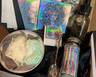 Medusa aquamarine ritual altar box sea witch snakes gorgans {oil, candle or incense, salt, stickers} witchcraft greek goddess