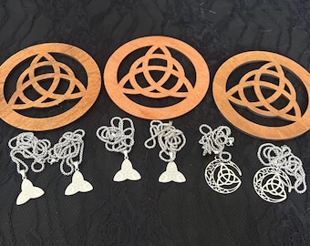 Celtic lot: 6x pendants stainless steel and 3x wood knots goddess witch