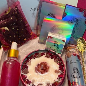 Aphrodite strawberry quartz altar ritual box set kit Goddess Greek Venus {oil, stickers,art, salt & soy candle,  incense}