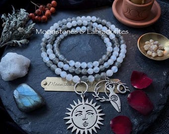 El altar ritual de la diosa, con cuentas en forma de escalera, incluye labradoritas y piedras lunares. Madre Tierra Gaia.