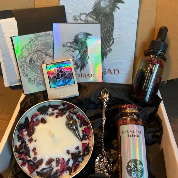 Morrigan garnets goddess set kit altar ritual Celtic {soy candle, salt, art, spoon} Badb, Nemain and Macha