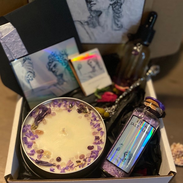 Dionysus amethyst ritual altar set box   {soy candle, oil, art, stickers, salt} Greek androgynous wine grapes