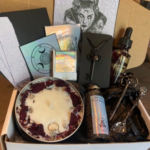 Hecate moonstone altar ritual box set kit Goddess hekate {oil, salt, pendant, spoon, art, sticker, soy candle or incense, salt}