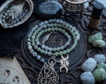 Escalera de cuentas para rituales de altar a la diosa con prehnita y piedras lunares Madre Tierra Gaia