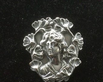 Antique Art Nouveau Silver Plated Brooch   Flowing Hair C Clasp