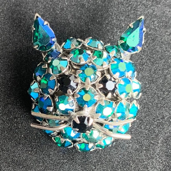 Vintage Warner Blue Rhinestone Kitty Cat Brooch