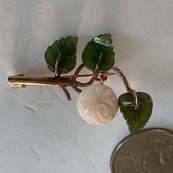 Vintage Carved  Jade Leaves Faux Ivory Rose Gold Brooch Pin