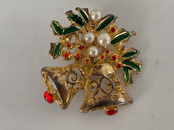 Vintage Christmas brooch Bells Holly Faux Pearls - image 1