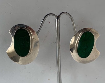 Vintage Sterling Malachite Geometric Post Earrings