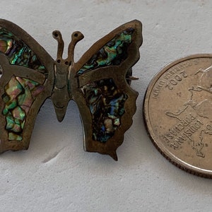 May include: A silver butterfly brooch with iridescent abalone shell inlay. The brooch is about the size of a quarter.