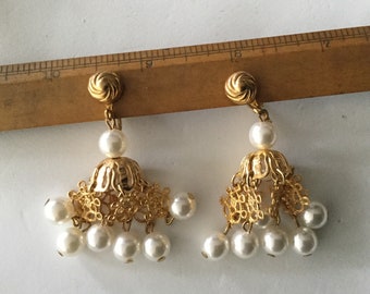 Estate Chandelier Gold Tone & Faux Pearl Earrings
