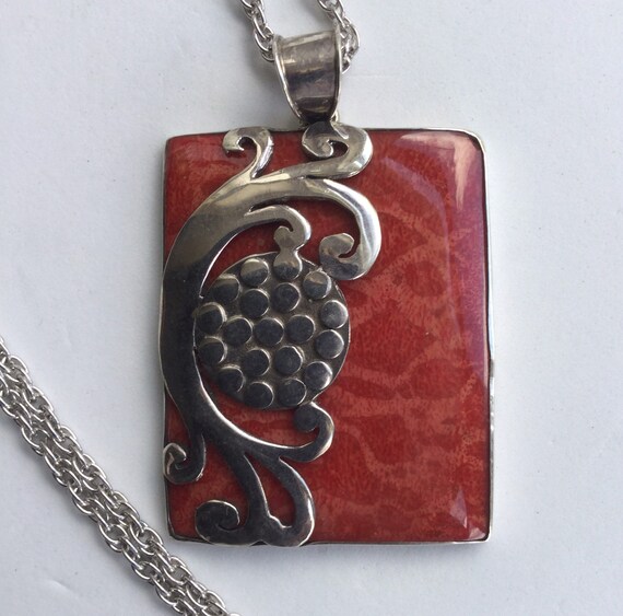 Sterling Silver Wrapped Coral Pendant Sterling Si… - image 2