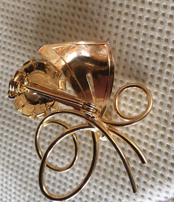 Vintage Brushed Gold Metal Brooch Prong Set Rhine… - image 3