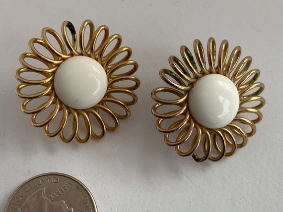 Vintage Emmons Clip Earrings Swirl Gold Tone Whit… - image 1