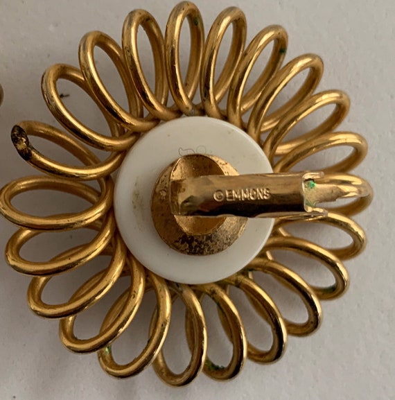 Vintage Emmons Clip Earrings Swirl Gold Tone Whit… - image 3