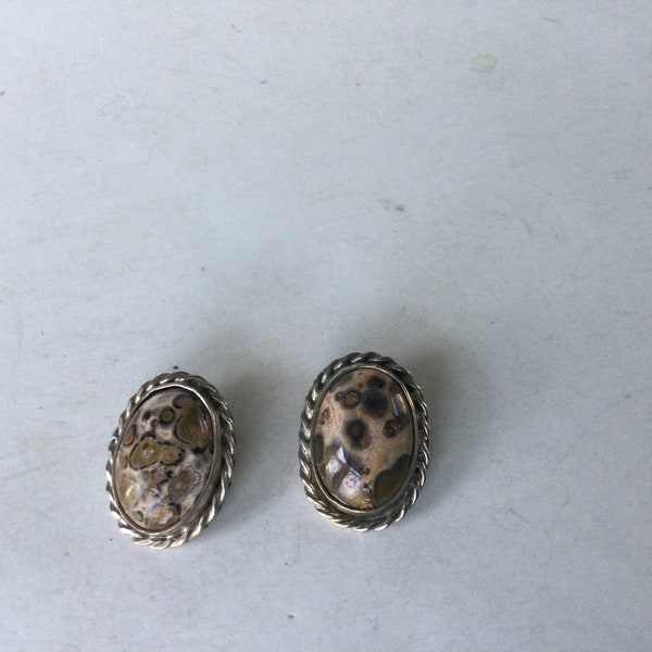 Vintage Signed JGL  Silver  Leopard Agate Set Clip on Earrings