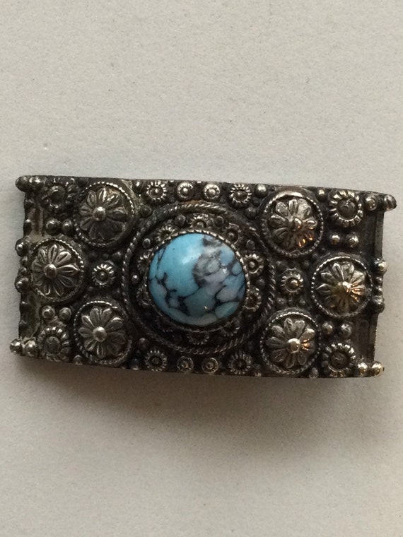 Vintage Silver & Turquoise Repousse Dress Clip - image 1