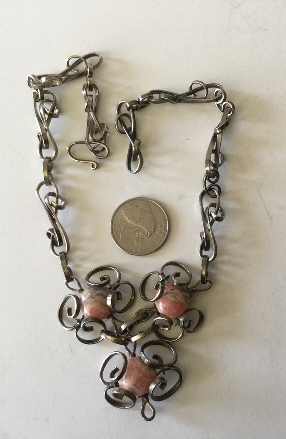 SilverTone Necklace Pink Brown White Rhodochrosite