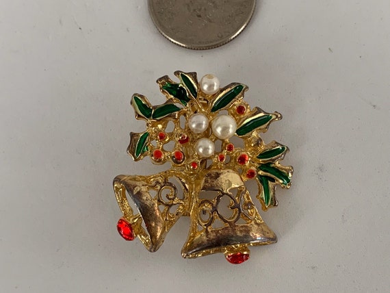 Vintage Christmas brooch Bells Holly Faux Pearls - image 3