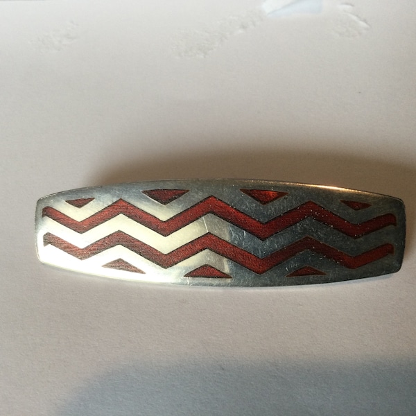 Danish Sterling  VOLMER BAHNER  Bar Pin Red enamel Zigzag Pattern Rare