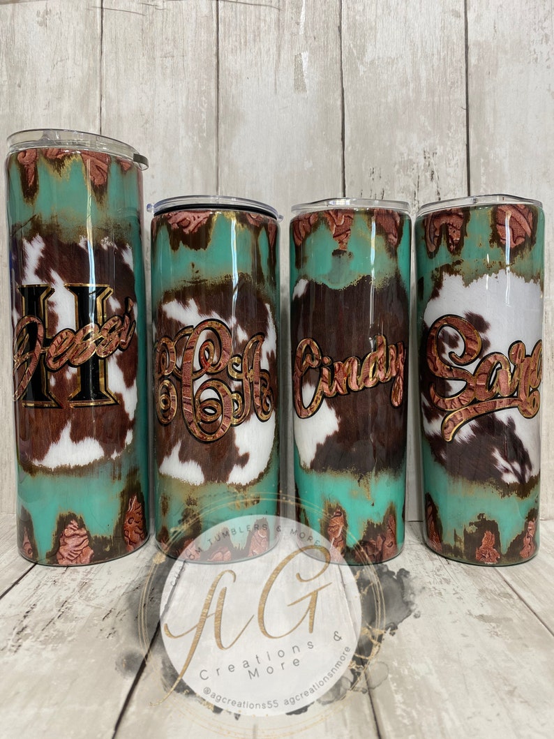 Western tooled leather cowhide tumbler Etsy