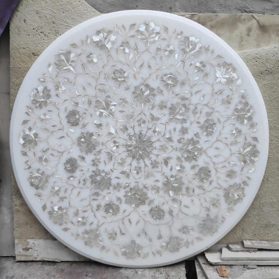 Handcrafted White Marble Table Top with Mother of Pearl Inlay, Floral Pattern