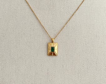 Emerald Geometric Rectangle Statement Necklace for Women, Emerald Green Zircon Jewelry for Girls and Women