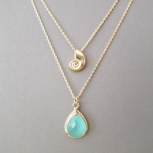 Double strands layered, Ariel, Seachell, Mint, Glass, Gold, Silver, Necklace, Lovers, Friends, Mom, Sister, Christmas, Gift