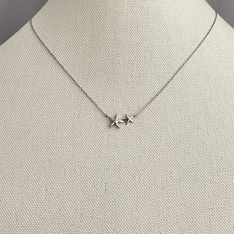 May include: A silver-toned necklace featuring a delicate chain and two small, five-pointed starfish charms positioned off-center. The metal has a smooth, polished finish, and the two starfish are of slightly different sizes, resting side by side.