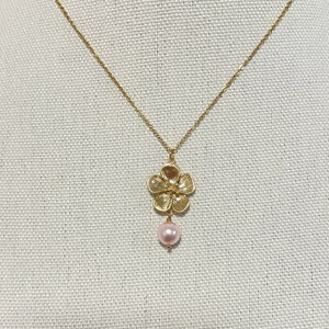 Cherry Blossom necklace with Pink Rosaline Swarovski Pearl, Sakura flower Necklace, Floral Pendant Dangling Necklace
