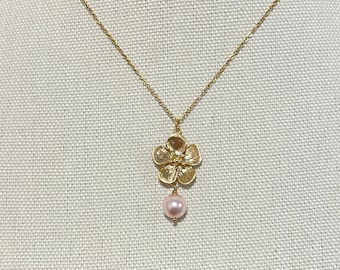 Cherry Blossom necklace with Pink Rosaline Swarovski Pearl, Sakura flower Necklace, Floral Pendant Dangling Necklace
