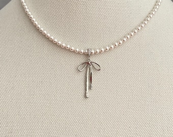 Cute Ribbon Bow Pearl Necklace - Dainty Girly Bow Jewelry, Elegant Pearl Choker, Kawaii Aesthetic Necklace, Gift for Girls and Women