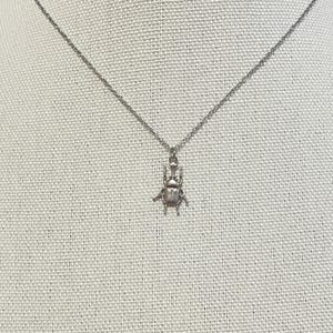 May include: A silver chain necklace with a silver beetle pendant.