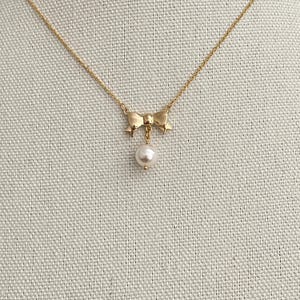 Cute Bow Pendant with a White Swarovski Pearl Drop Necklace, Ribbon Necklace for Women and Girls, Cute and Dainty Necklace