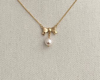 Cute Bow Pendant with a White Swarovski Pearl Drop Necklace, Ribbon Necklace for Women and Girls, Cute and Dainty Necklace
