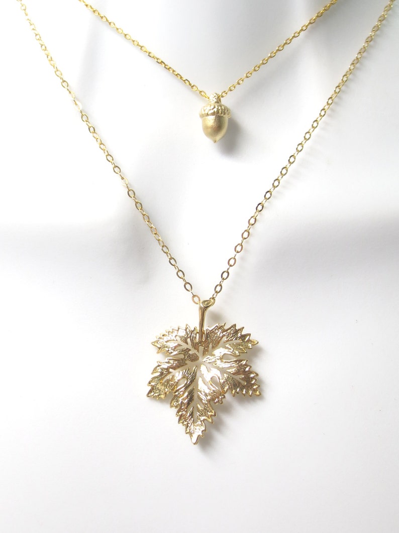 Acorn and leaf Chain Gift Sister Sterling silver Double strands layered Friends Mom Gold filled Necklace Lovers
