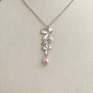 Beautiful Triple Orchid Flower Necklace with Pink Rosaline Pearl - Elegant Floral Pendant for Bridesmaids, Wedding Jewelry Gift