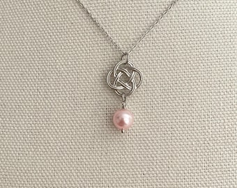 Gold/Silver Plated Celtic Knot Necklace with Pink Pearl Drop, Elegant Symbolic Jewelry, Minimalist Gift for Her