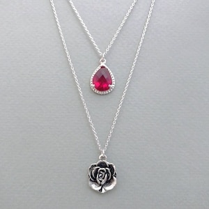 Double strands layered, Hot pink glass and Rose, Silver, Necklaces, Belle, Flower, Necklace, Lovers, Friends, Mom, Sister, Christmas, Gift