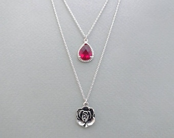 Double strands layered, Hot pink glass and Rose, Silver, Necklaces, Belle, Flower, Necklace, Lovers, Friends, Mom, Sister, Christmas, Gift