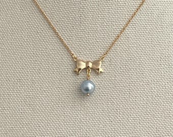 Lindo colgante de lazo con una perla Swarovski azul cielo, collar de cinta para mujeres y niñas, lindo y delicado collar