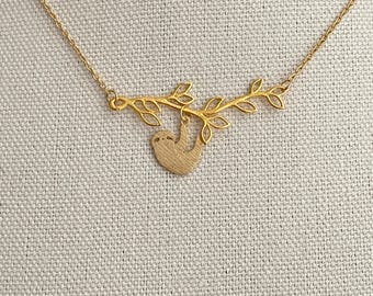 Gold/Silver Plated Sloth Necklace on Branch, Cute Animal Pendant Necklace, Minimalist Nature Jewelry, Gift for Her