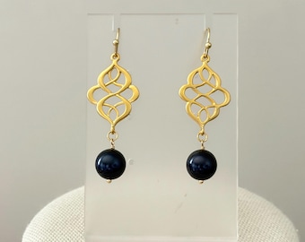 Celtic Knot Navy Pearl Earrings, Gold or Silver Dangle Earrings, Navy Swarovski Pearl Earrings, Elegant Celtic Jewelry Gift for Her