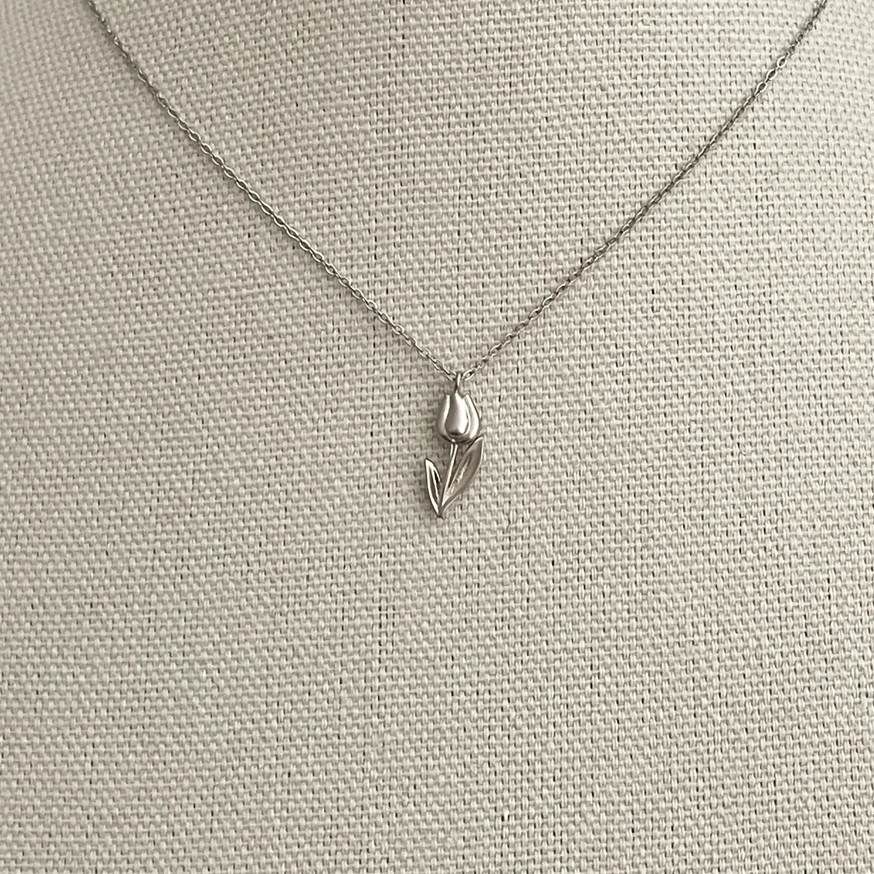 Collana Tulipano In Argento 925 Con Pietra Di Luna | Ciondolo Floreale 'Amore' Con Zirconi | Gioiello Elegante Regalo Per Donna