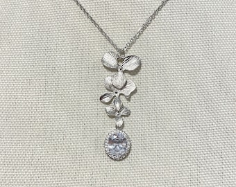 Beautiful Triple Orchid Flower Necklace with White CZ Floral Necklace, Flower Necklace for Bridesmaids for Wedding, Gift