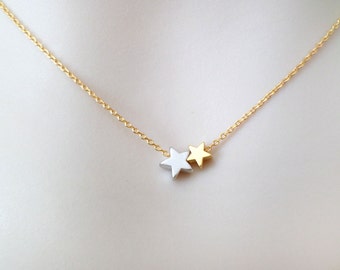 Silver star with a small gold star necklace, Two tone necklace, 2 star necklace, Cute necklace, Simple necklace, Gift for sister