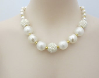 Fun White Bead Balls Statement Necklace, Fun and Unique Jewelry for Her, Gift